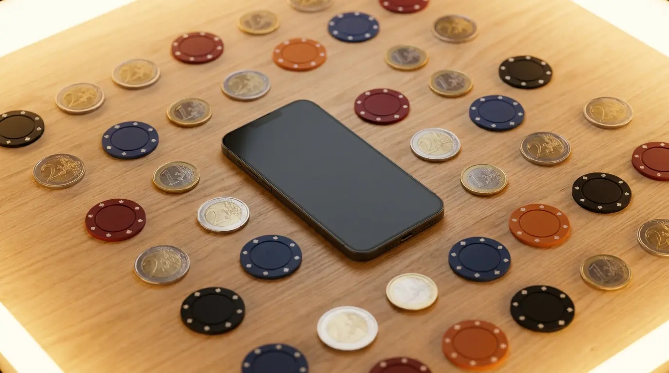 Smartphone met euro munten en casino chips op tafel