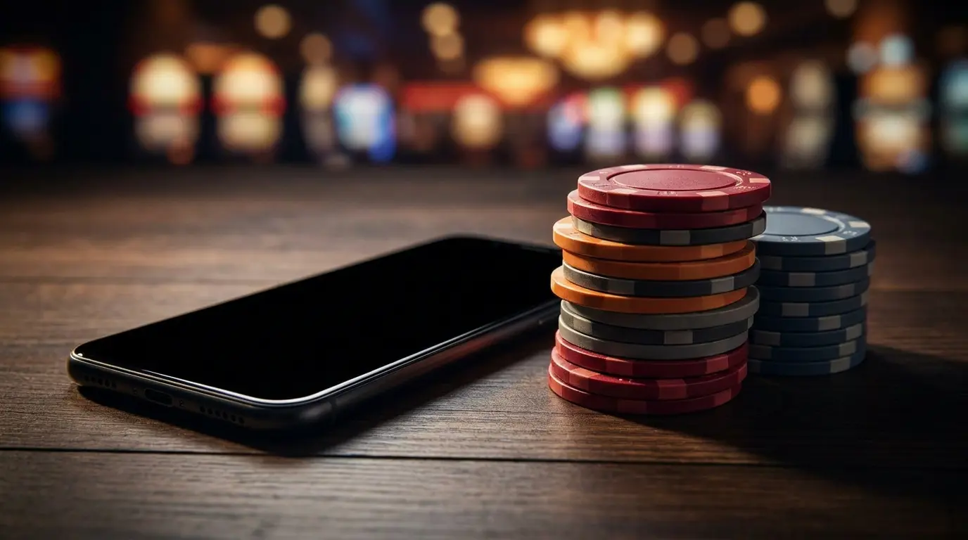 Poker chips en mobiele telefoon op donkere tafel