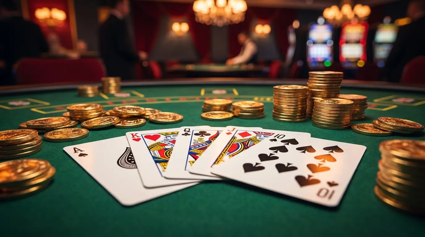 Speelkaarten en munten op groene casino tafel