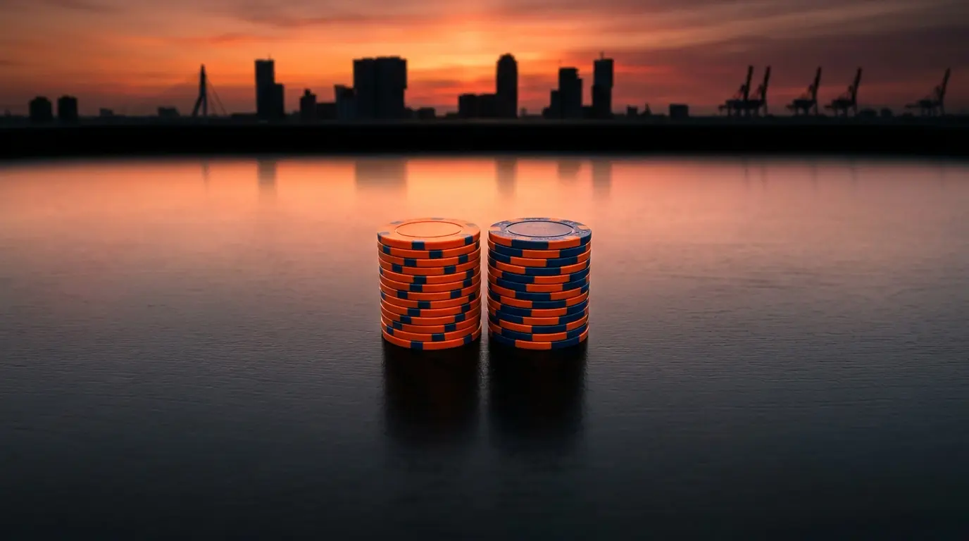 Gokfiches met Rotterdam skyline bij zonsondergang