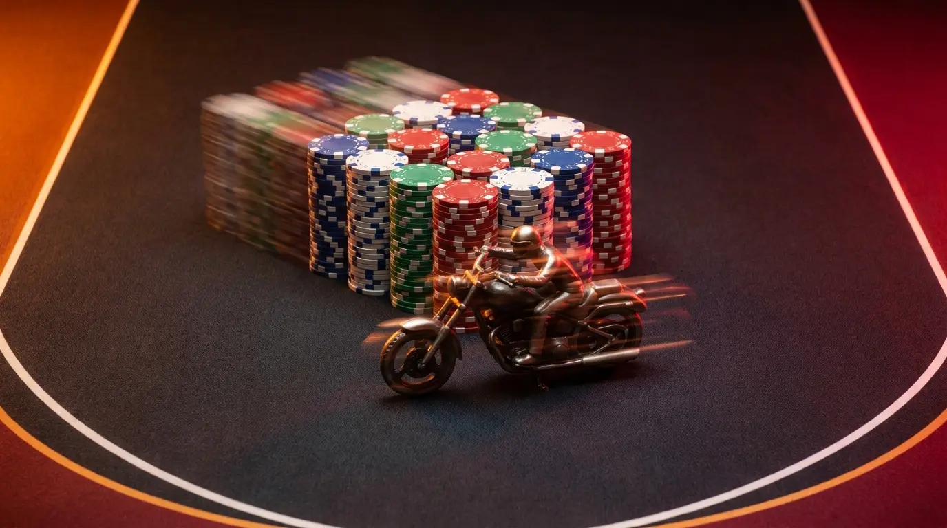Casino chips en motor trofee op zwart vilt oppervlak