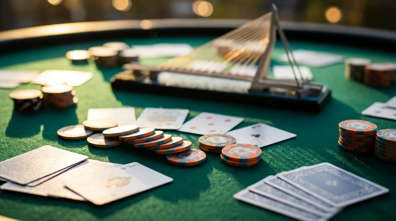 Casino speelfiches met Rotterdam Erasmusbrug op achtergrond