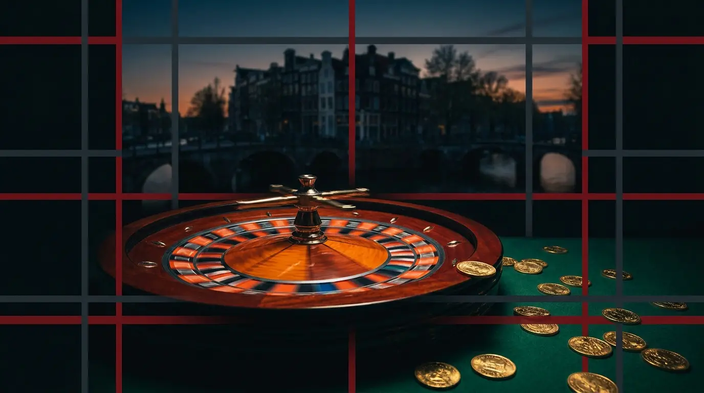 Roulettewiel met Nederlandse kleuren en Amsterdams silhouet