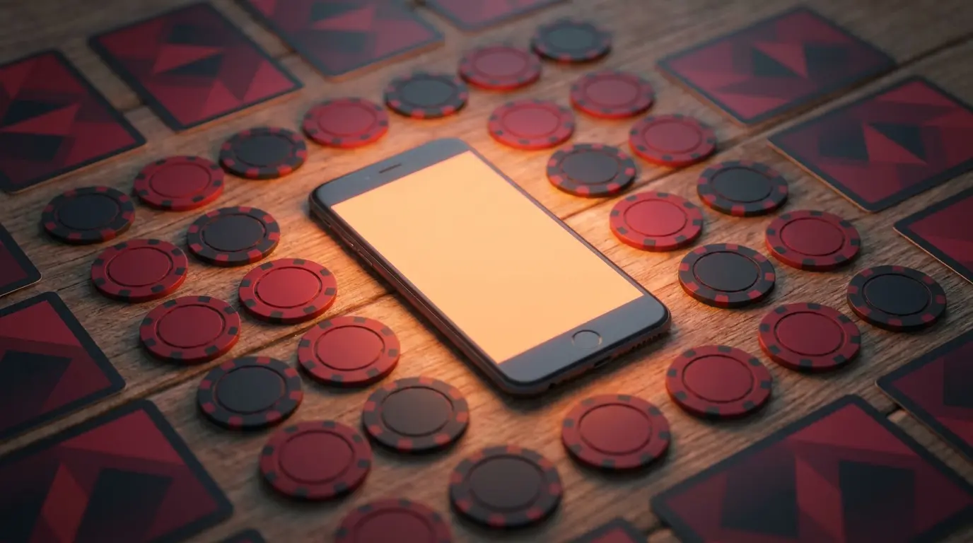 Smartphone omringd door speelkaarten en fiches in oranje gloed