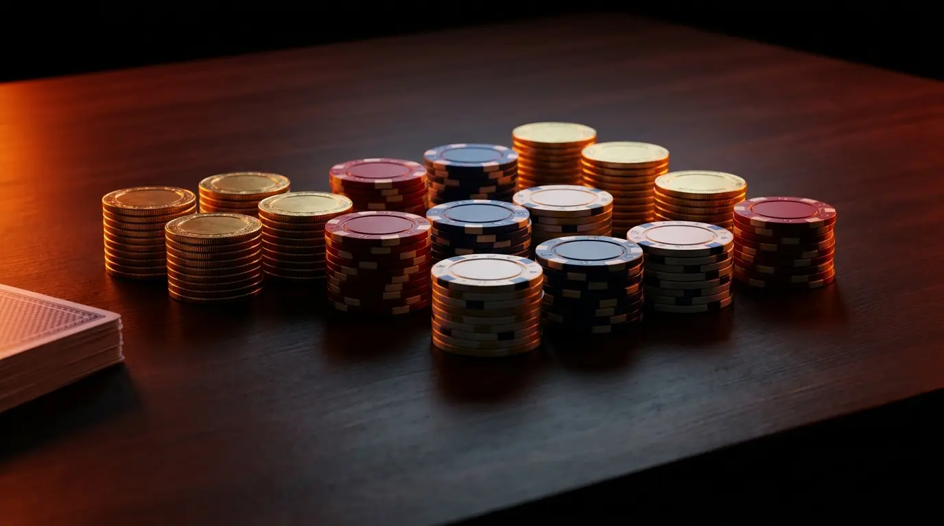 Gestapelde casinofiches en munten op donker hout