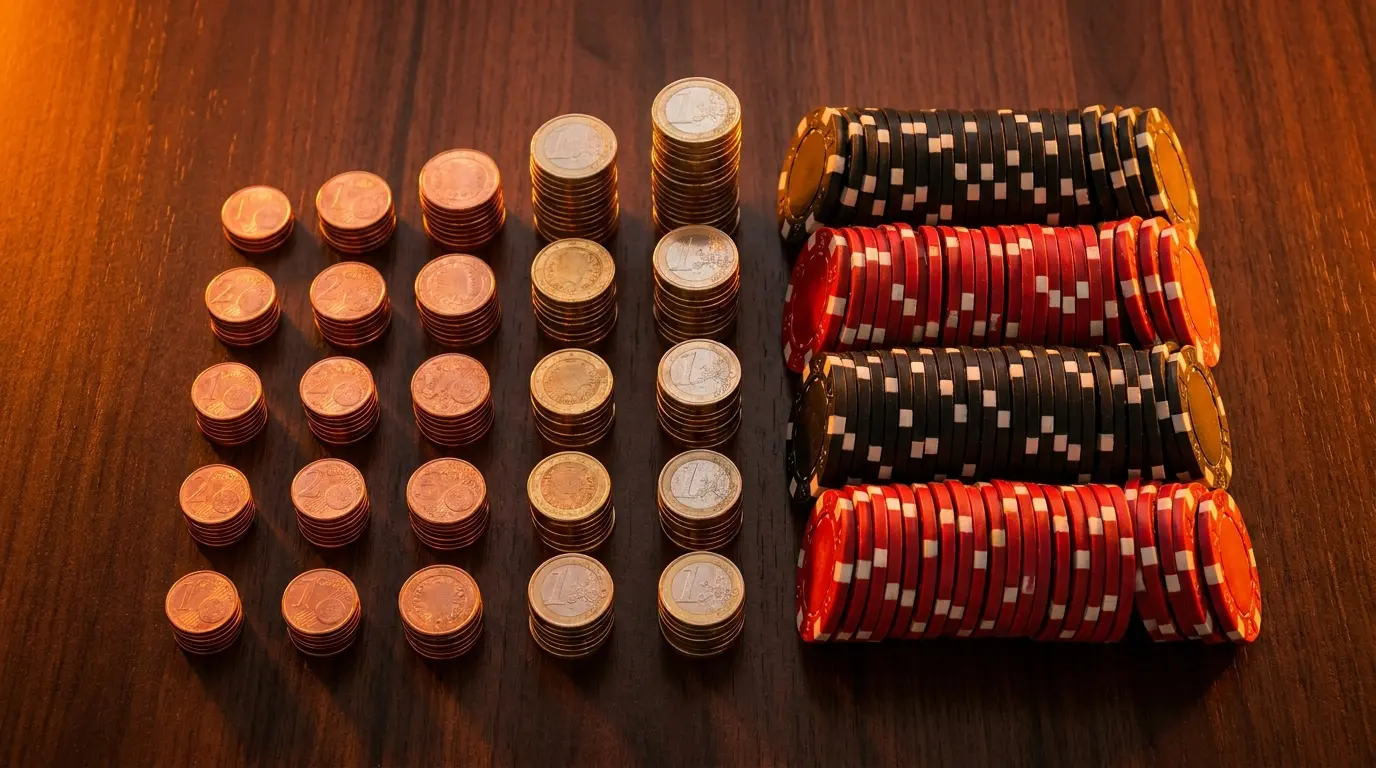 Gestapelde euro munten naast casino chips met oranje verlichting
