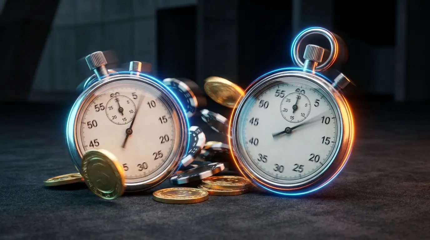 Stopwatch met casinofiches symboliseert snelle uitbetaling