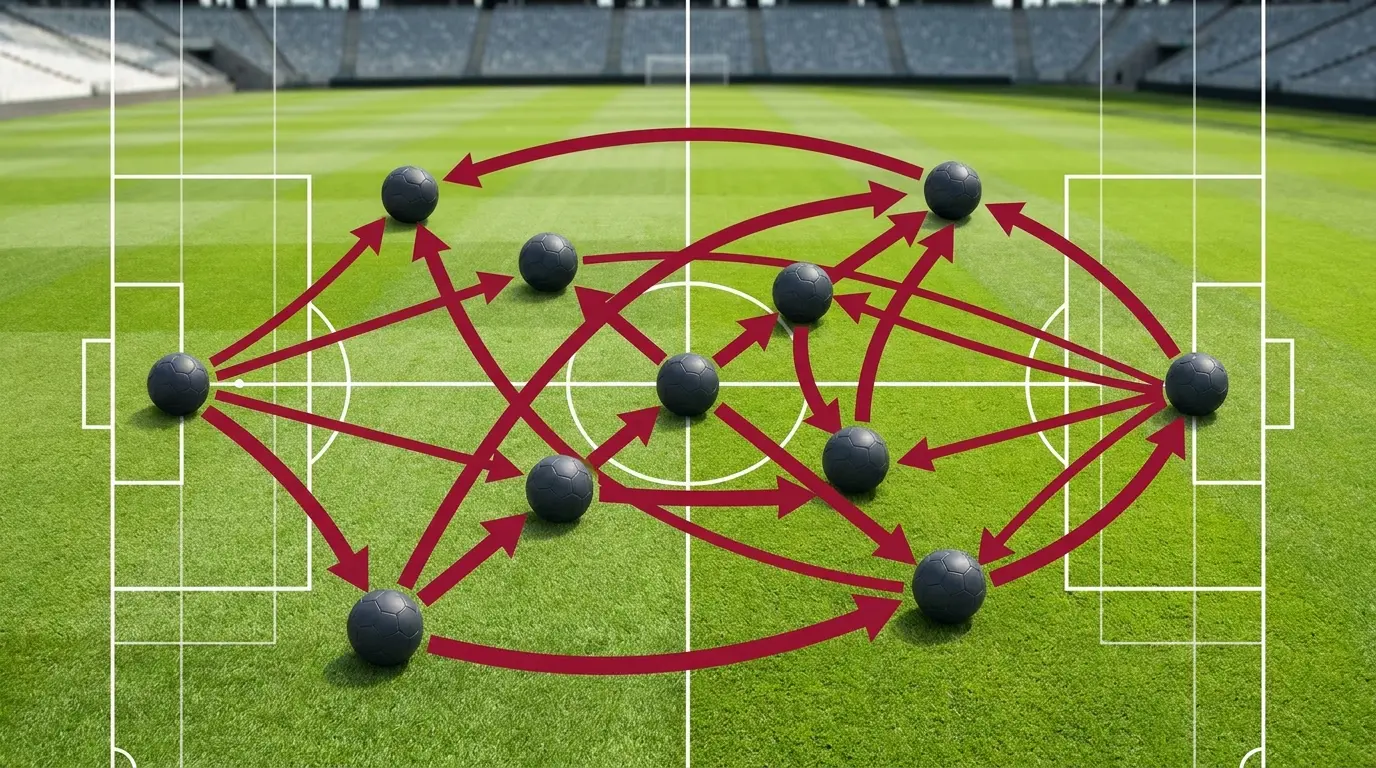 Voetballen gerangschikt in systeempatroon op grasveld