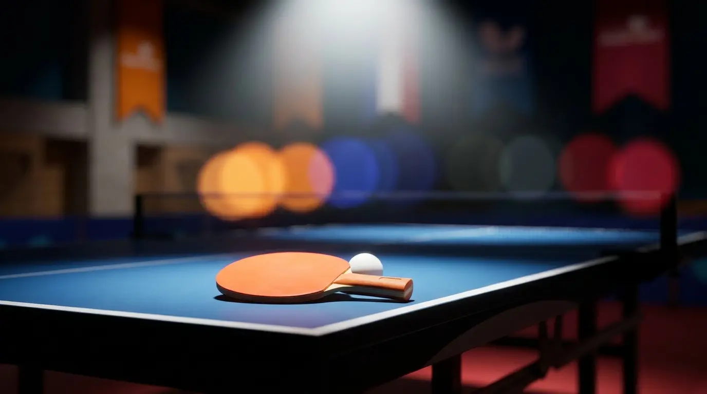 Tafeltennisbatje en bal op blauwe wedstrijdtafel met oranje accenten