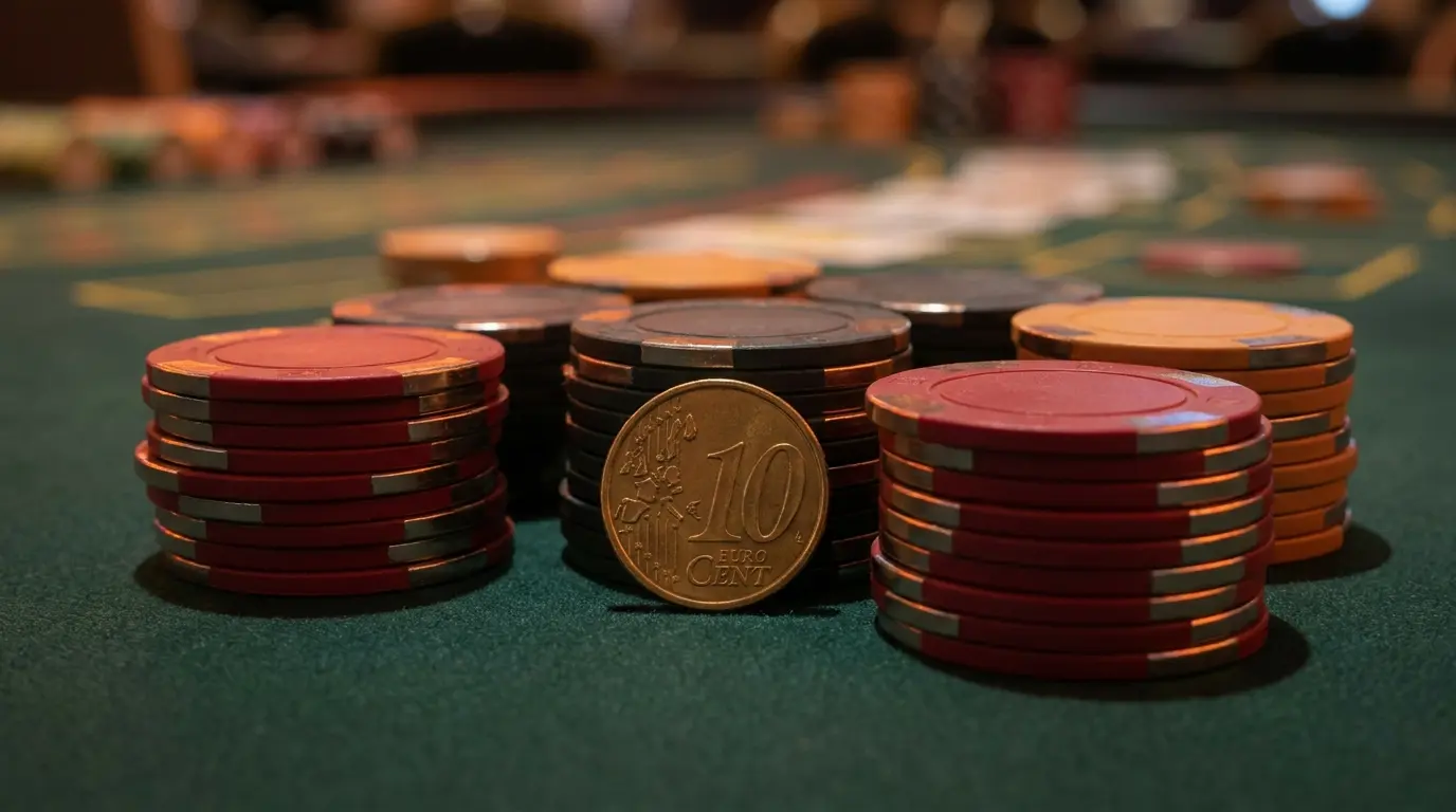 Tien euro munt met casino fiches op groene speeltafel