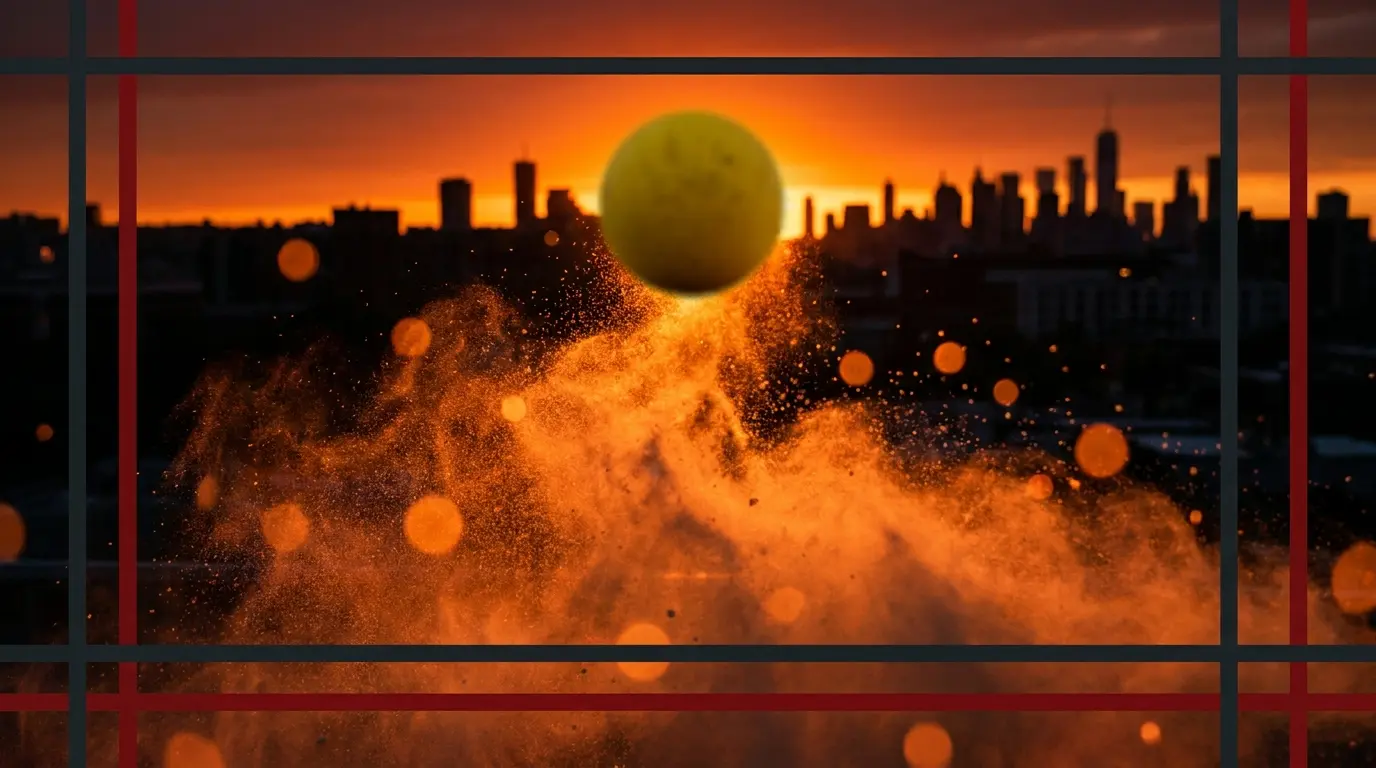 Vliegende tennisbal met oranje fiches en Melbourne skyline