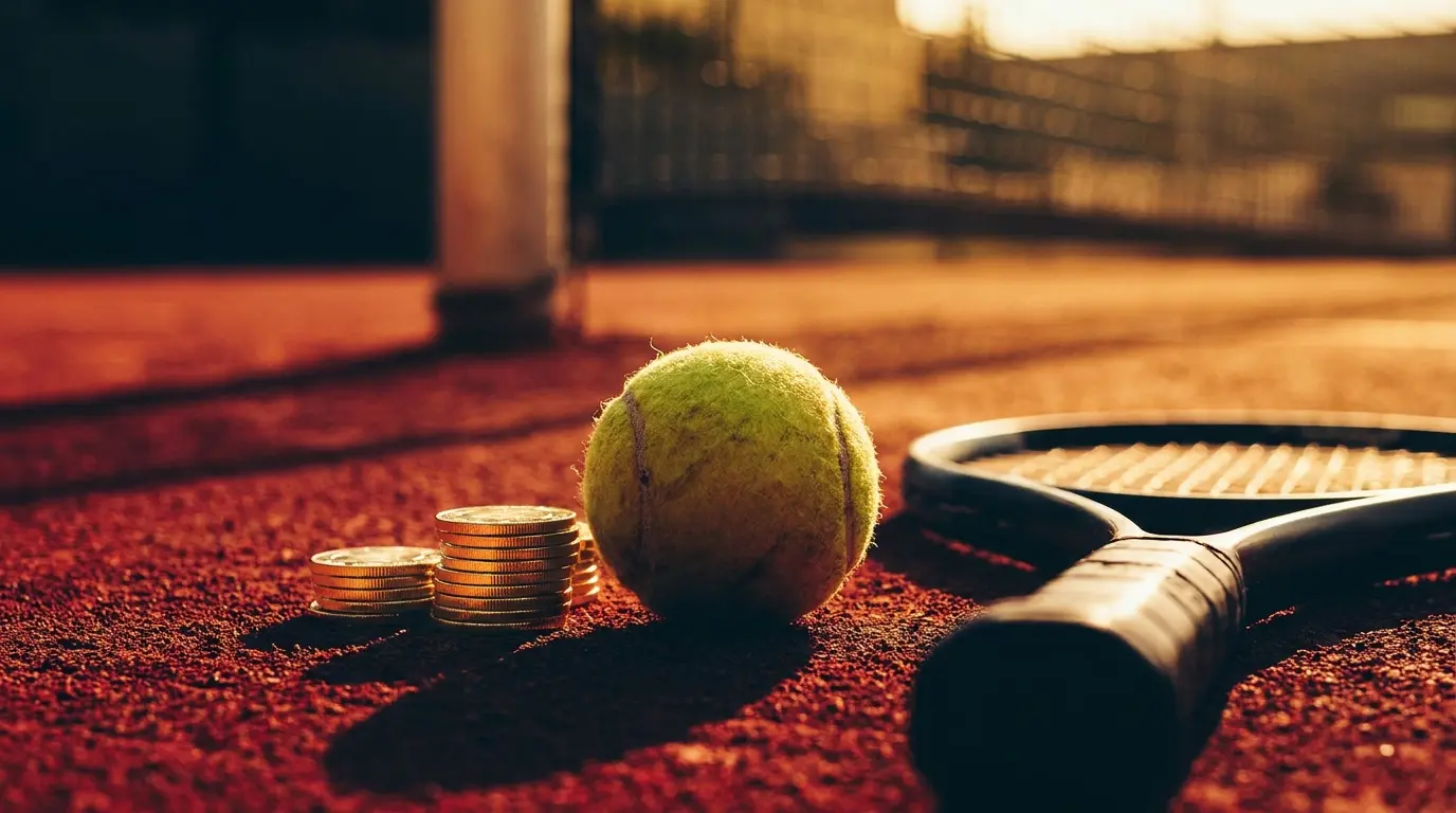Tennisbal met casino chips op gravelbaan met dramatische belichting