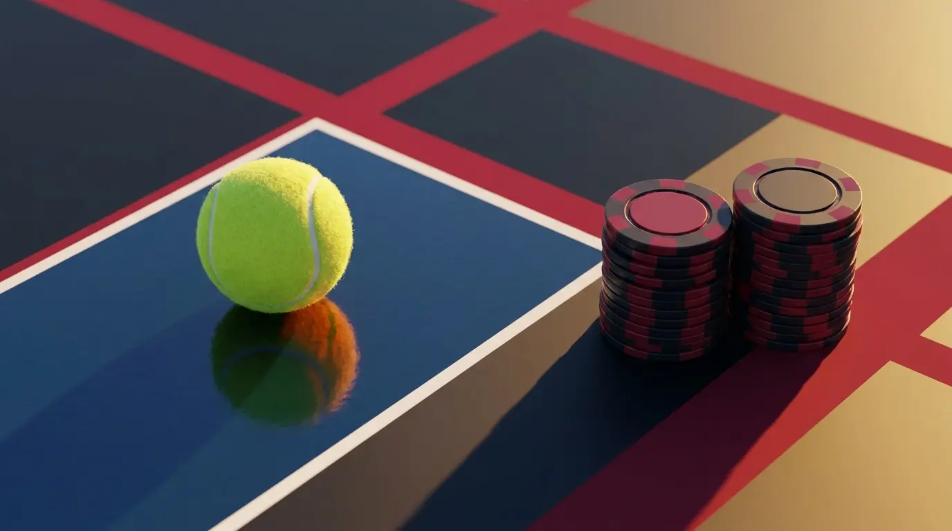 Tennisbal met pokerfiches op blauw hardcourt voor Australian Open