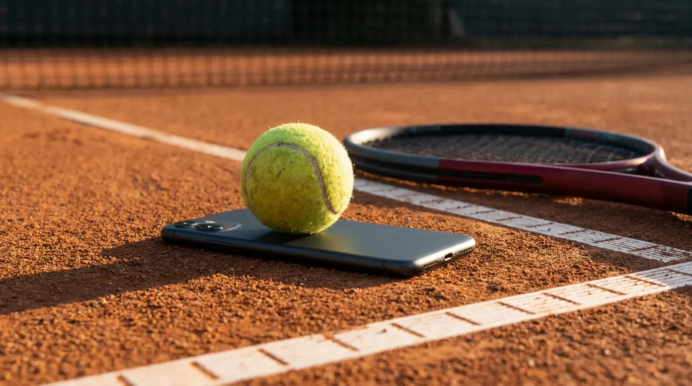 Tennisbal op smartphone op gravelbaan met racket op achtergrond