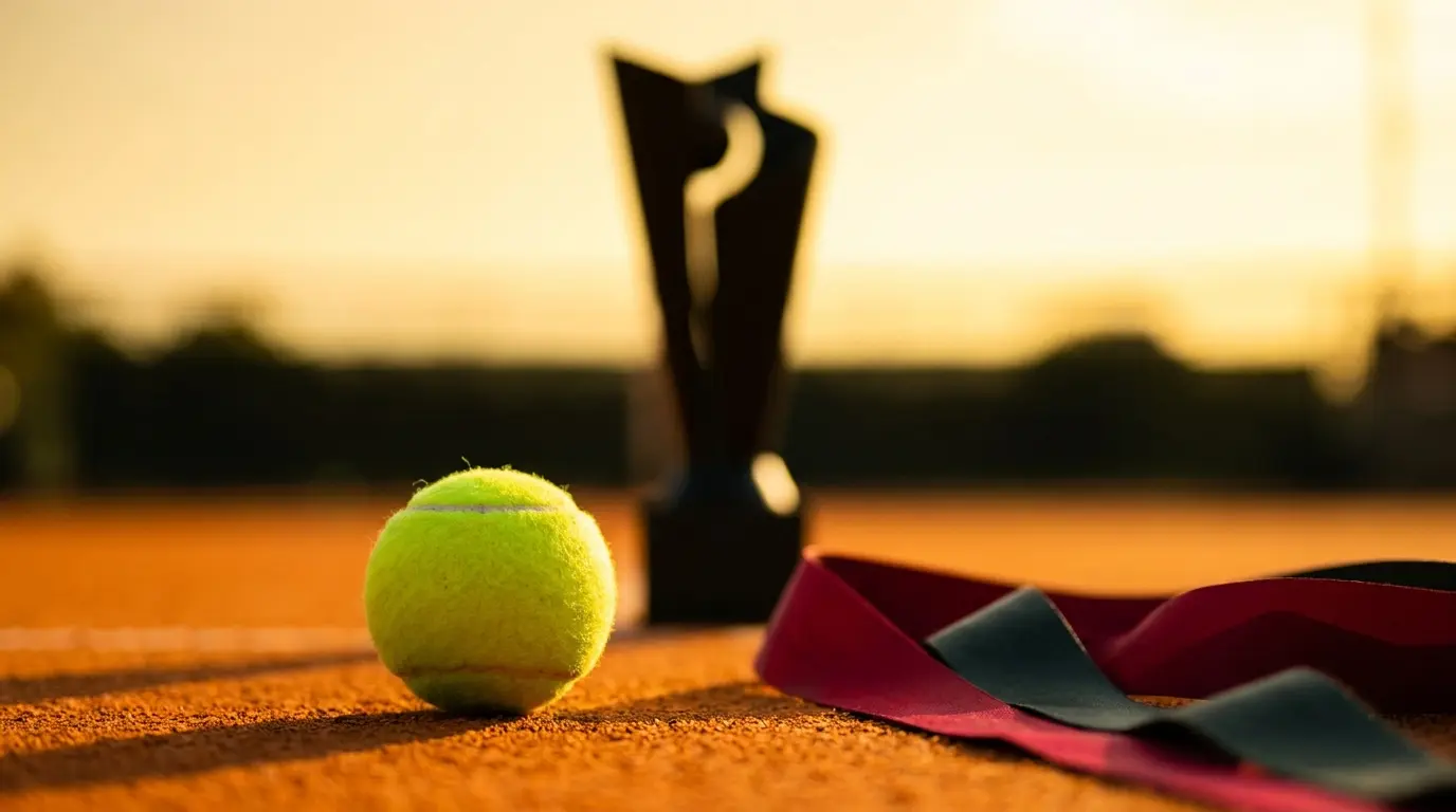 Tennisbal op gravel met oranje lint en trofee op achtergrond