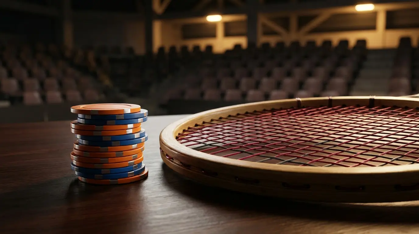 Fiches gestapeld naast tennisracket in Nederlandse kleuren