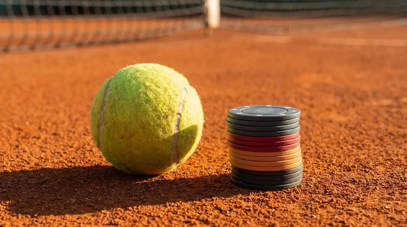 Tennisbal en pokerfiches op een gravelbaan