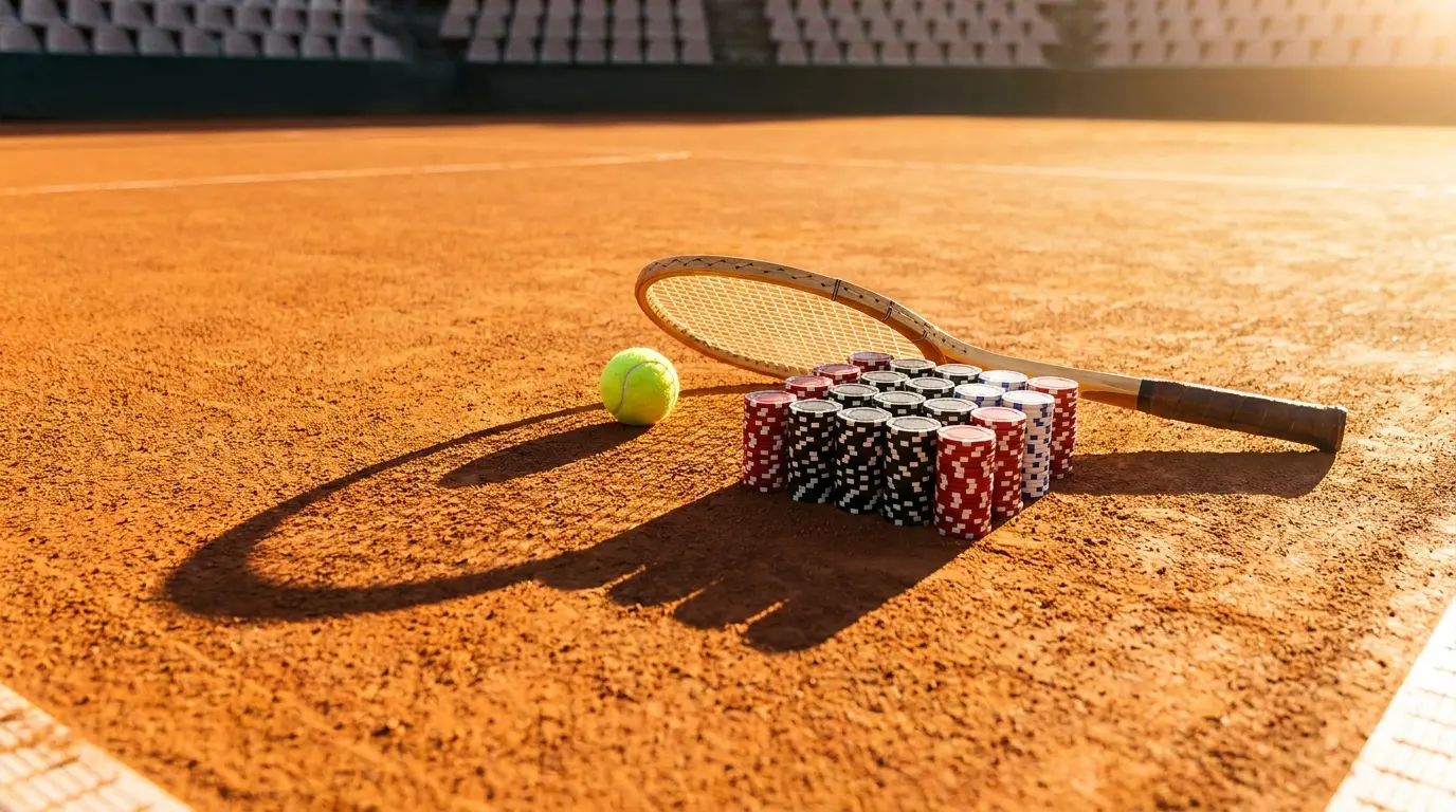 Tennisbal en fiches op kleibaan, sportief wedden concept
