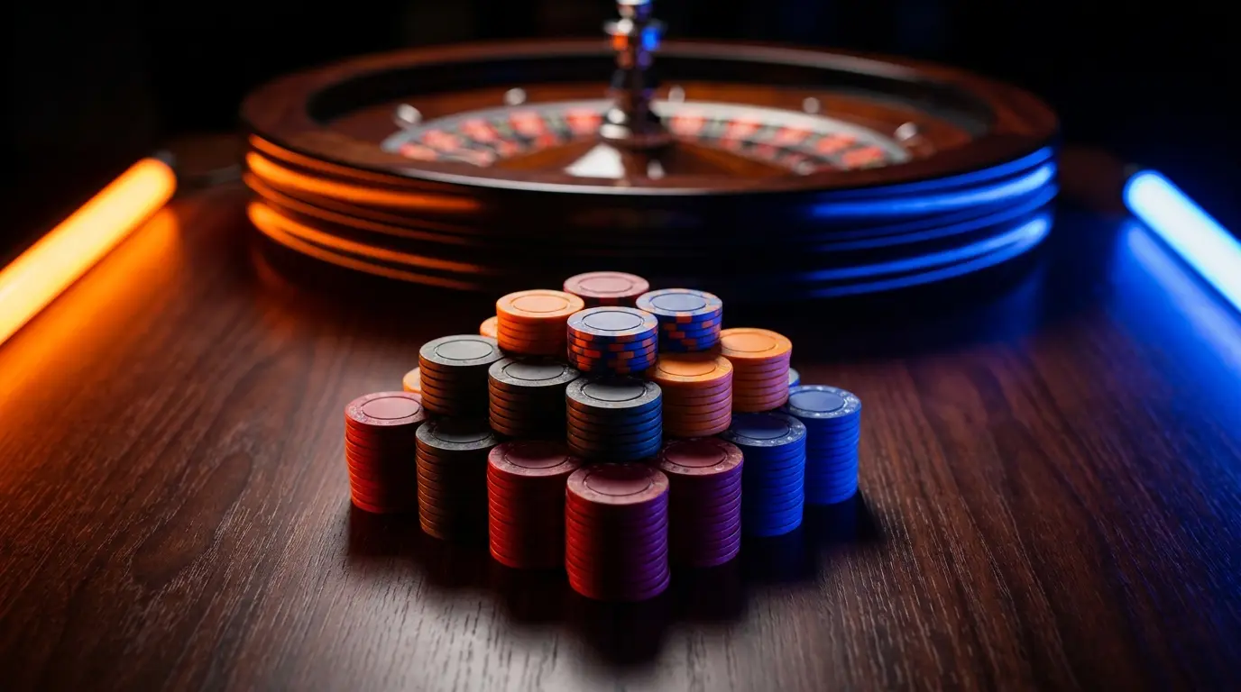 Casino chips met Nederlandse kleuraccenten op houten tafel