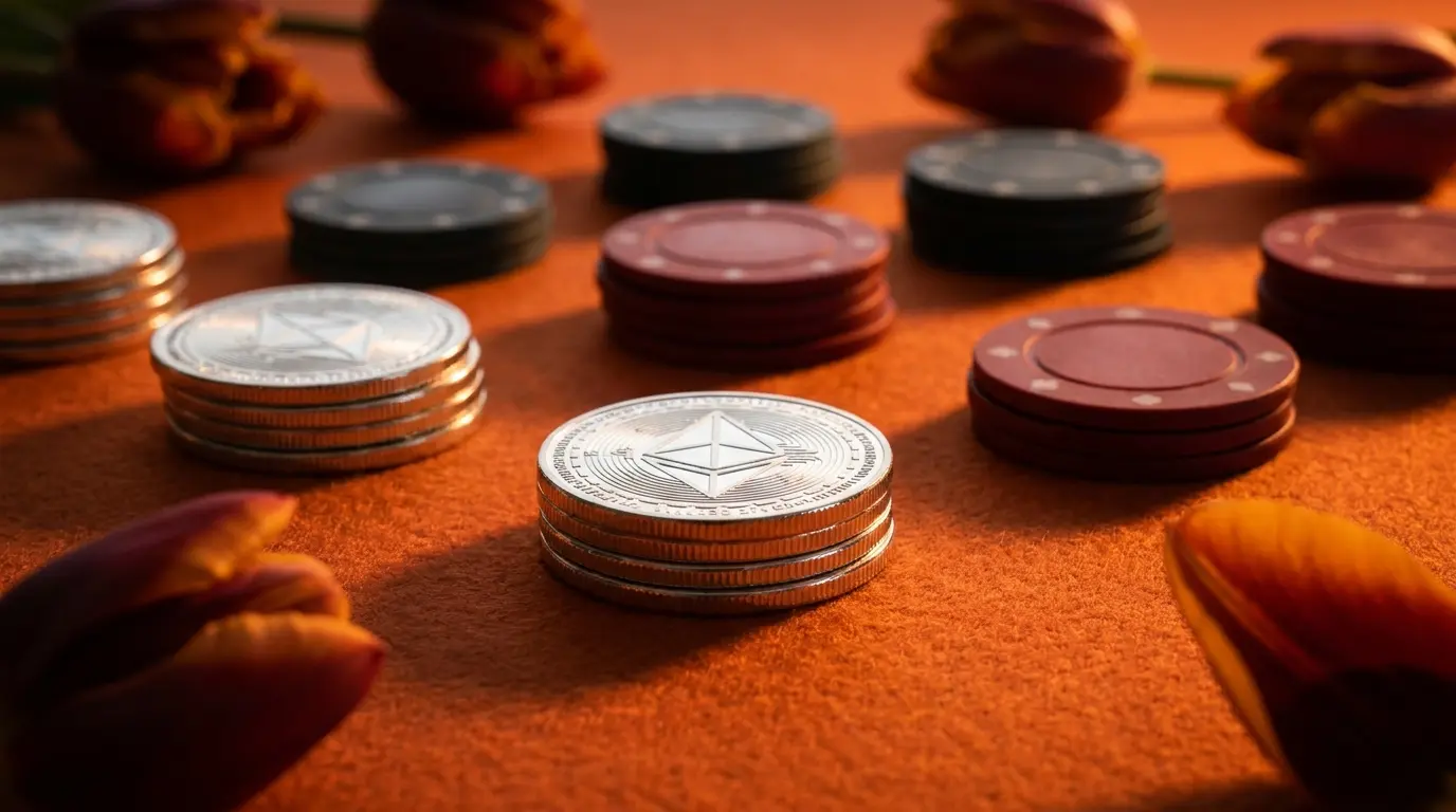 USDT cryptocurrency munten op oranje casino tafel met tulpenblaadjes