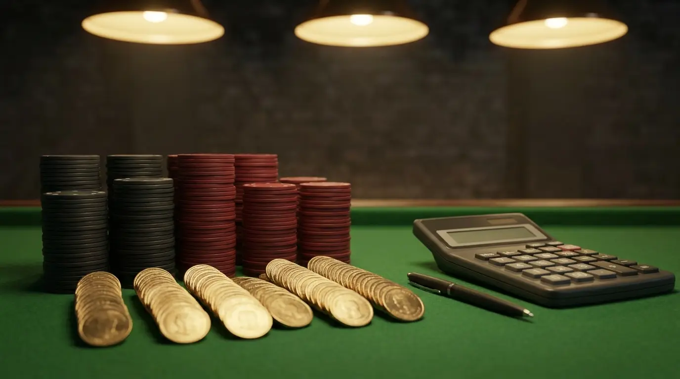 Pokerfiches en munten gerangschikt op vilt tafel voor value betting
