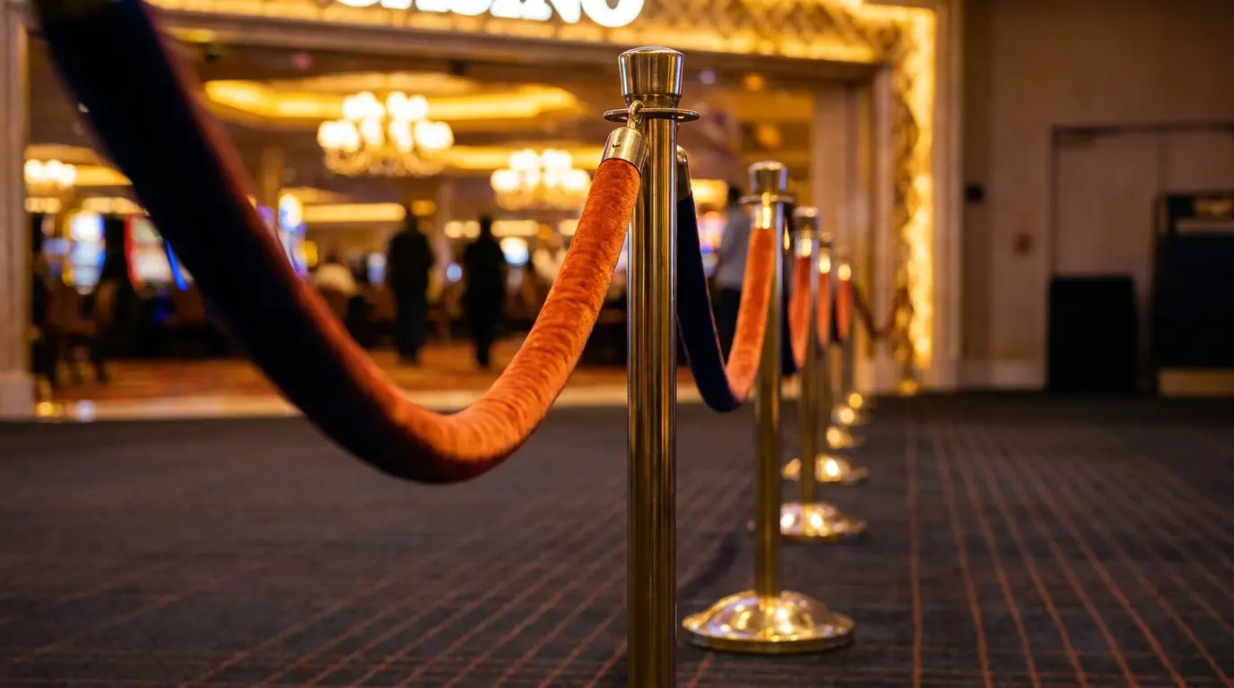 Fluwelen afzetkoord met rood tapijt bij casino VIP ingang