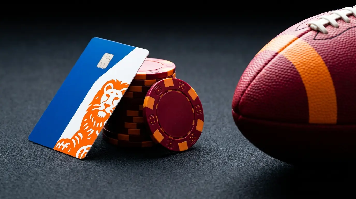 Creditcard met voetbal en casino chips op vilt oppervlak