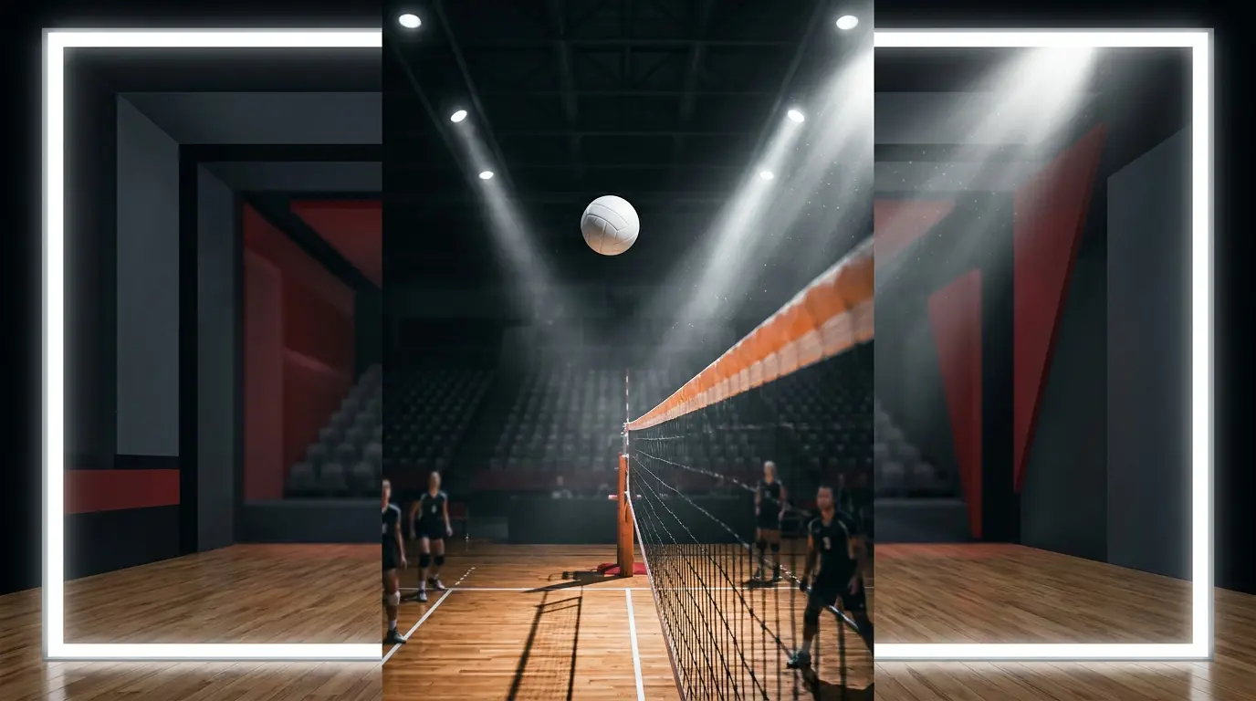 Volleybal boven net met dramatische verlichting in sporthal