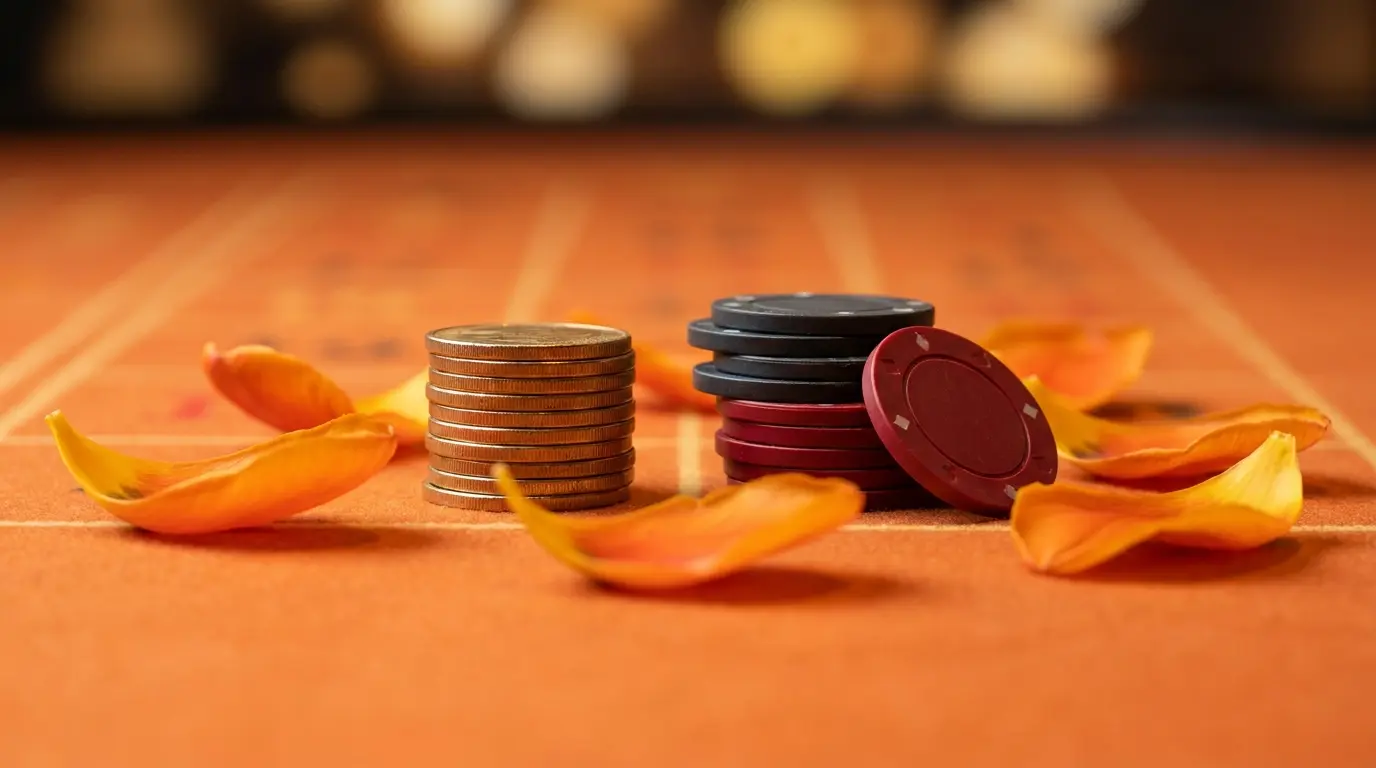 Gouden munten en casinofiches met oranje tulpenblaadjes