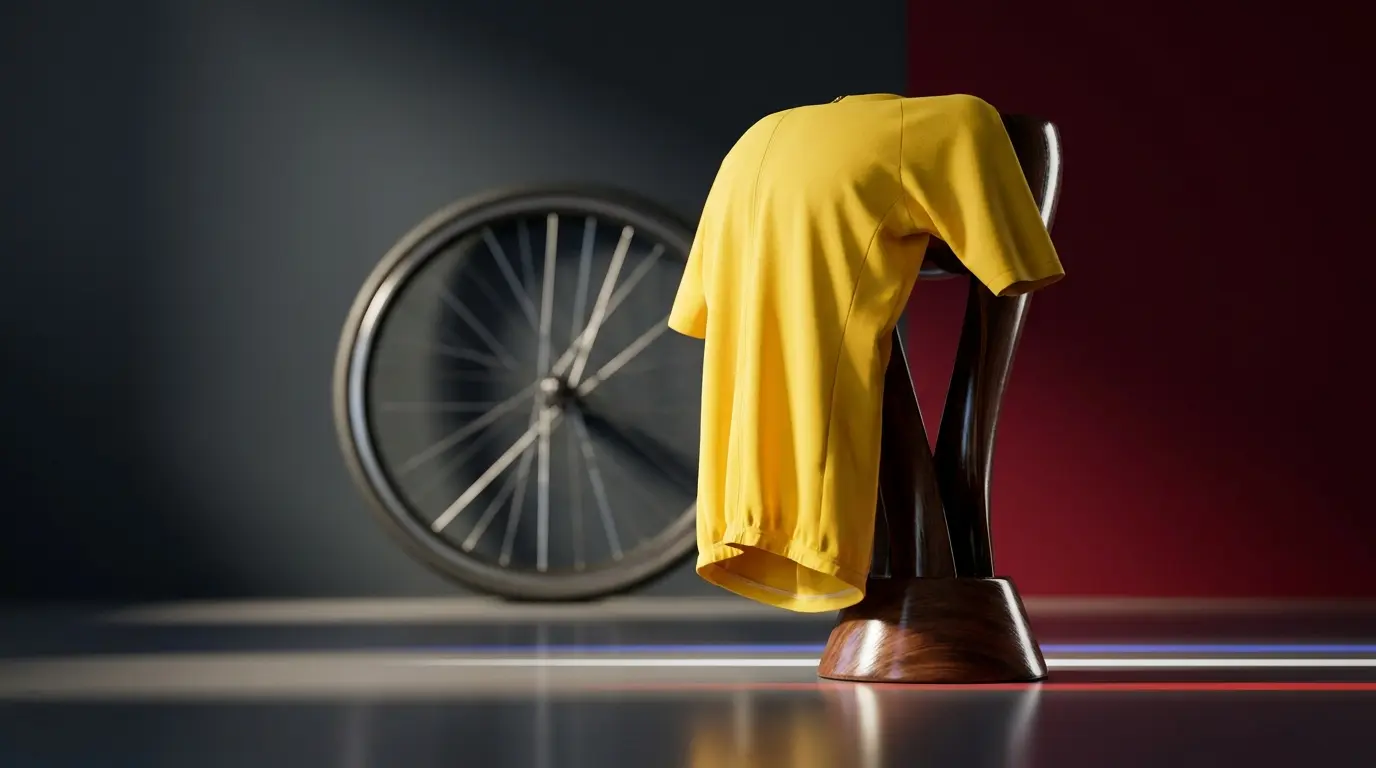 Gele trui en trofee met fietswielen op de achtergrond